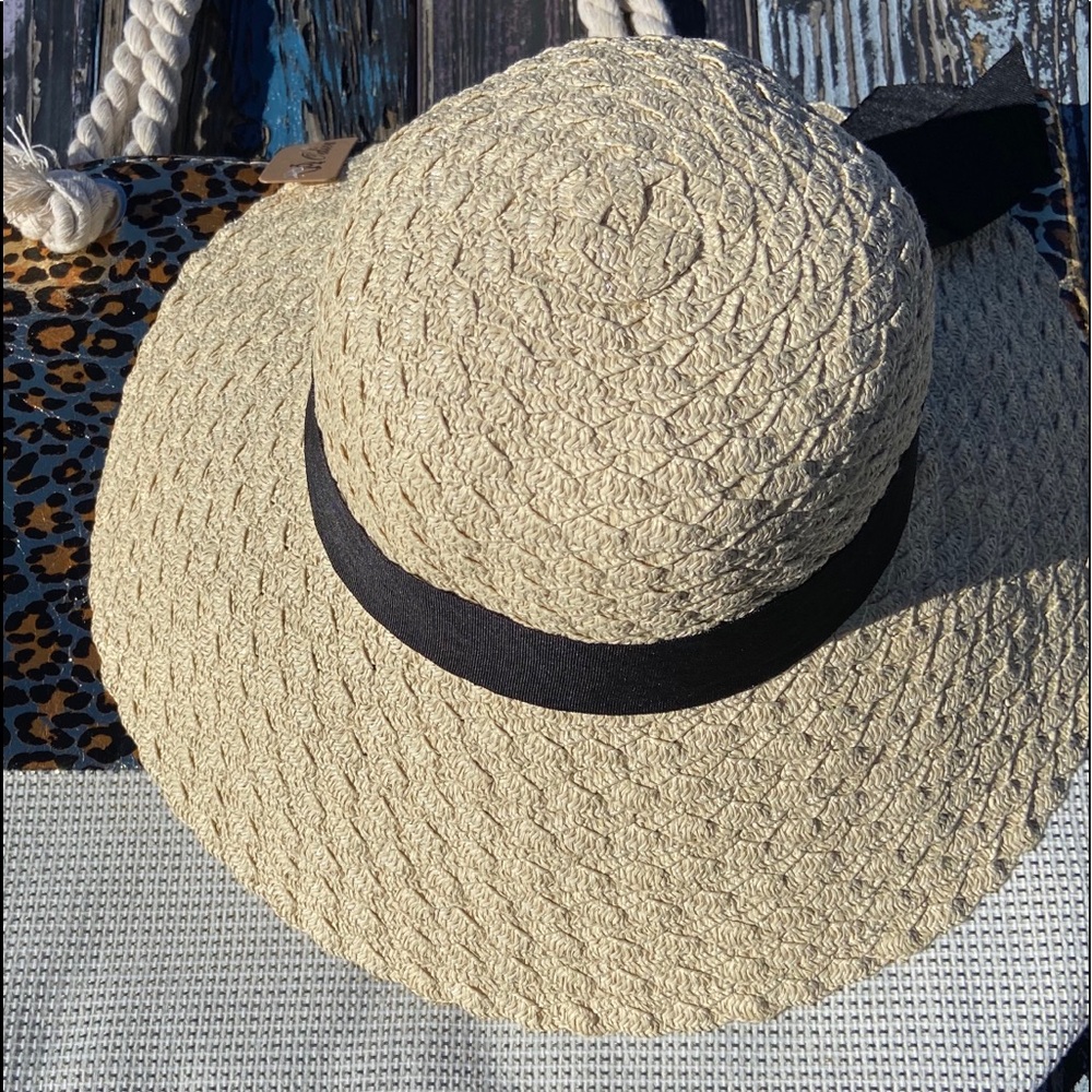 Wide Brim Floppy Beach Hat with Black Ribbon Trim - Picture 3 of 8